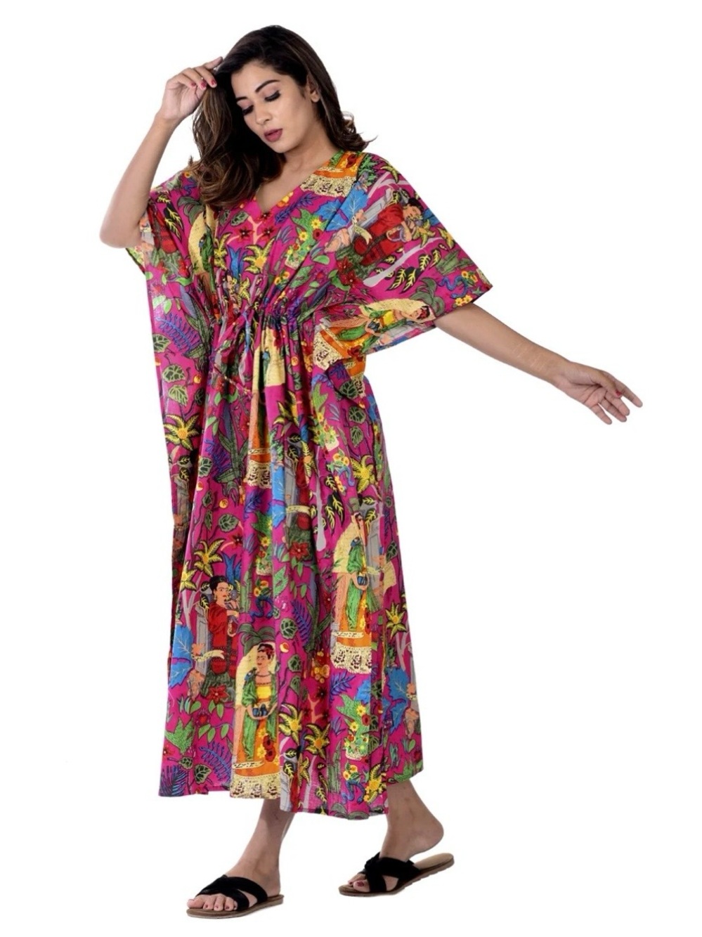 V-Neck Pink Multi Frida Kahlo Print Midi Kaftan Dress OS